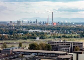 Obraz premium Landscape of industrial zone in Ostrava Kuncice and Dolni Vitkovice with a coal power plant