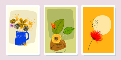 Set of abstract tropical wall arts vector illustration. Flowers,leaves,shapes,line arts, botanical background design,