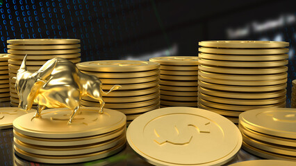 The gold bull and coins for business concept 3d rendering