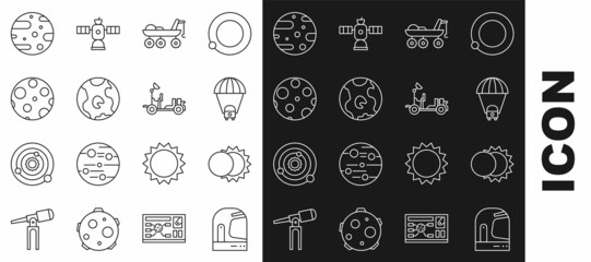 Set line Astronaut helmet, Eclipse of the sun, Planet Saturn, Mars rover, Earth globe, Moon, Satellite dish and icon. Vector