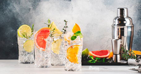 Fototapeta Gin tonic citrus cocktails set. Alcoholic drinks with lime, lemon, grapefruit, orange, soda and herbs in highball glasses, gray background. Summer cocktail party obraz