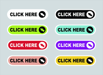 Set of vector modern Click Here icon buttons. Different gradient colors on a background without any shadow for use social media icon or website push buttons vector illustration Eps8