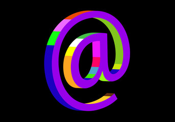 Símbolo de arroba con volumen en morado y varios colores como sombra sobre fondo negro