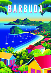 Barbuda travel poster. Beautiful landscape with houses, boats, beach, palms and sea in the background. Handmade drawing vector illustration.