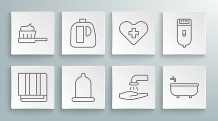 Set line Towel stack, Bottles for cleaning agent, Condom, Washing hands with soap, Bathtub, Heart cross, Electrical hair clipper shaver and Toothbrush toothpaste icon. Vector