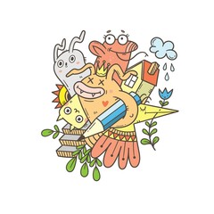 Coloring card with funny creatures. Doodle print with fantasy characters. Line art colorful poster.