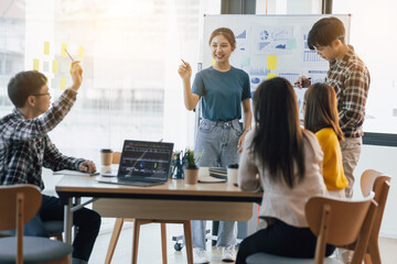 Business meeting, brainstorming, presentation sharing ideas about marketing business planning in the conference room workshop activity.