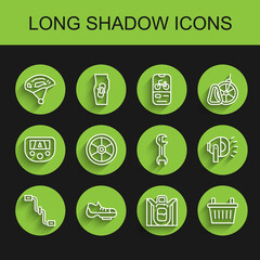 Set line Bicycle pedals, shoes, helmet, Hiking backpack, basket, wheel, head lamp and Wrench spanner icon. Vector