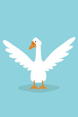 Vector illustration. Portrait of a white goose with spread wings on a blue background. Bright print for design, decoration, postcards, posters and so on.