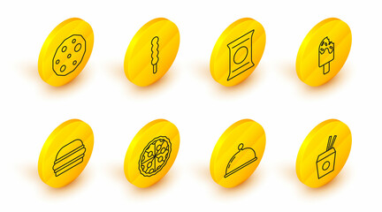 Set line Asian noodles and chopsticks, Covered with tray, Pizza, Burger, Ice cream, Bag or packet potato chips, Lollipop and Cookie biscuit icon. Vector