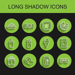 Set line Noodles in box, Scrambled eggs, Asian noodles bowl, Online ordering and delivery, Sushi on cutting board, Doner kebab, Bag packet potato chips and Ice cream waffle cone icon. Vector