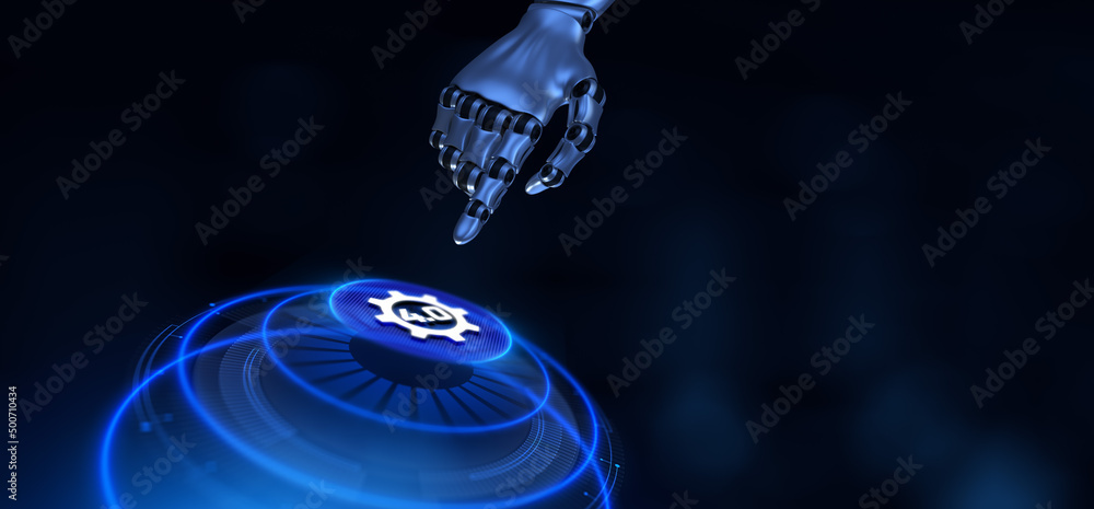 Poster industry 4.0 smart manufacturing lean business innovation technology concept. robot hand pressing bu
