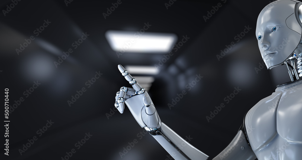 Poster robot cyborg 3d render on blurred background. innovation technology robotisation.