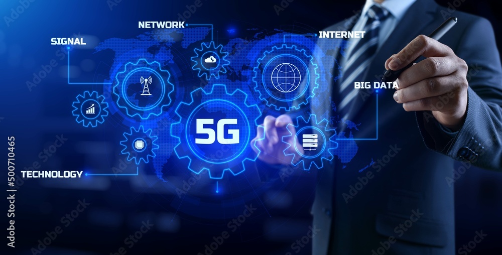 Poster 5g high-speed internet connection concept. businessman pressing button on screen.