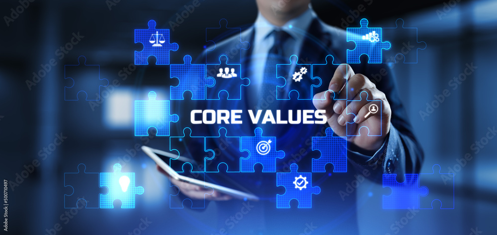Poster core values responsibility innovation. businessman pressing button on screen.