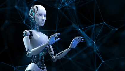 Cyborg Robot 3d render plexus background robotic process automation AI data analysis. - obrazy, fototapety, plakaty