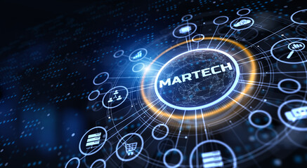Martech marketing technology automation concept on virtual screen.
