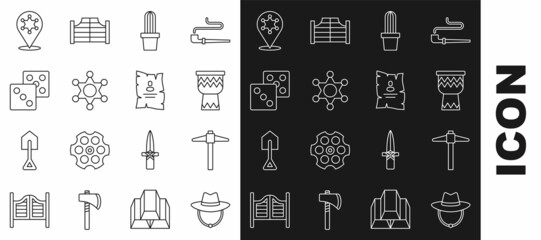Set line Western cowboy hat, Pickaxe, Drum, Cactus peyote in pot, Hexagram sheriff, Game dice, and Wanted western poster icon. Vector