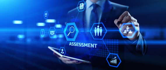 Assessment Evaluation Business Finance concept. Businessman pressing button.