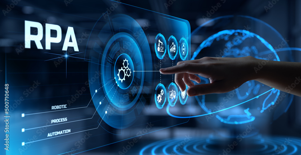Poster rpa robotic process automation technology innovation concept. hand pressing button on screen.
