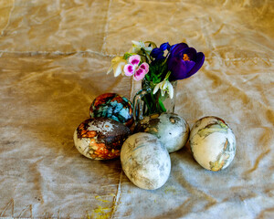 a group of colored eggs, the concept of celebrating Easter, the feast of the Christian world in spring