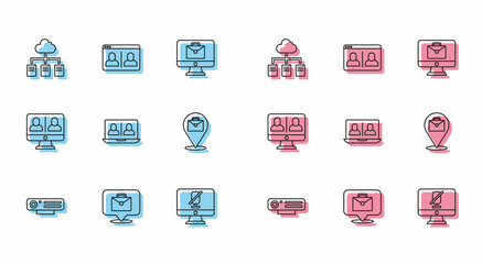 Set line Web camera, Online working, Mute microphone on computer, Video chat conference, and icon. Vector