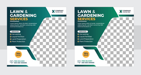 Lawn Mower Garden or Landscaping Service Social Media Post and Web Banner Template design set.