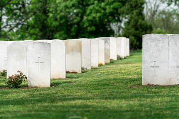 Fototapeta premium Rows of white tombstones at the military memorial cemetery.
