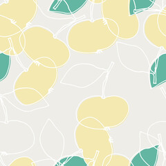 Seamless pattern with apples for surface design, posters, illustrations. Isolated elements on light-coloured background. Healthy foods, veganism theme