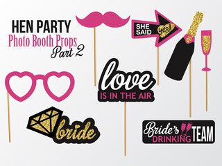 Set of Hen Party photobooth Props vector elements. Pink black color mustaches, champagne, diamond and signs She said Yes, Love is in the air, Bride's Drinking Team on sticks with glitter. Part 2.