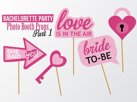 Set of printable Bachelorette photobooth Props vector elements. Pink color template heart lock, key and signs Bride to be, Love is in the air, She said Yes on sticks. Part 1.
