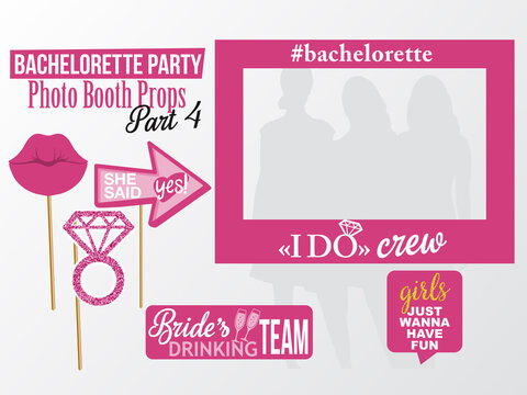 Set of printable Bachelorette photobooth picture Frame & Props vector elements. Pink color template lips, diamond and signs I do, Crew, Bride's Drinking Team, She said Yes on sticks. Part 4.