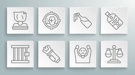 Set line Prison window, Headshot, Police electric shocker, Thief surrendering hands up, Scales of justice, Cocktail molotov, Whiskey bottle and Kidnaping icon. Vector