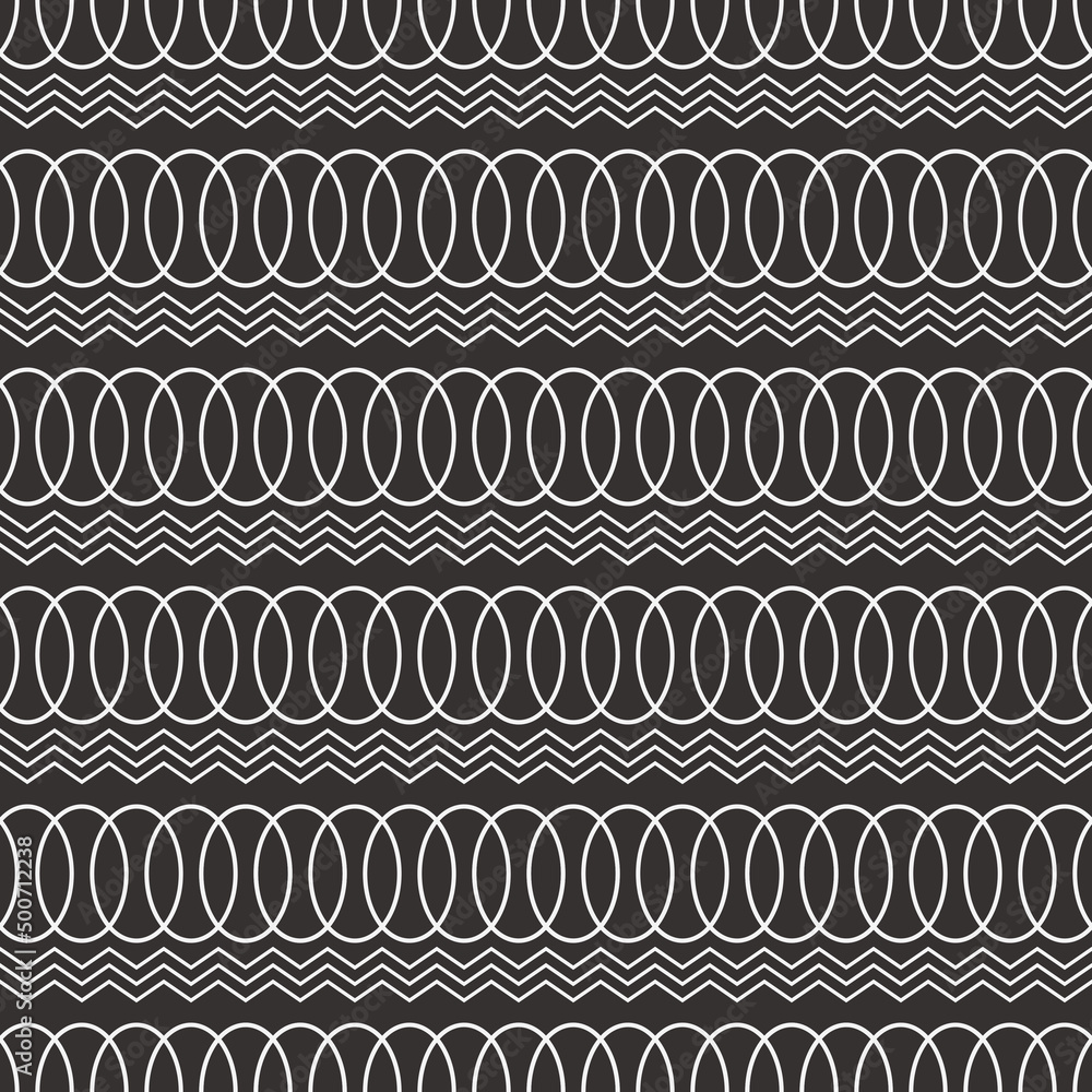 Aufkleber White rings connected to each other in a chain and jagged wavy lines in a horizontal position on a black background. Vector seamless and primitive pattern.