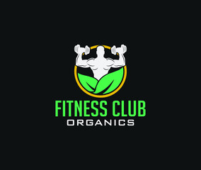 nutrition logo and strong man with barbell and leaf icon illustration vector template.