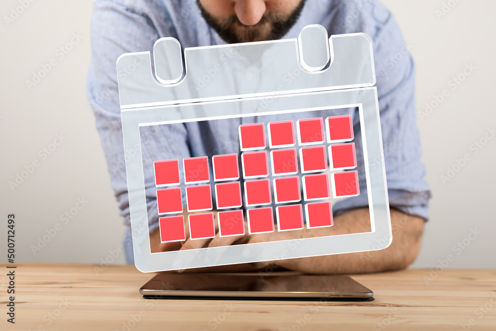 Poster Minimal calendar icon with hand isolate on soft pink background. Paper calendar icons. Calendar date  3d