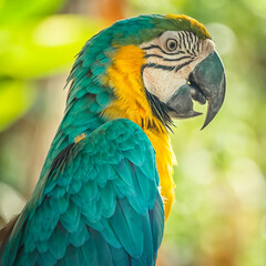 Obraz premium Blue and yellow macaw sitting on a branch -Ara Ararauna - Exotic bird