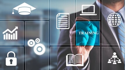 Business development concept. With icons of online course, conference, seminar, webinar, e-learning.