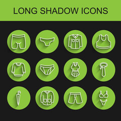 Set line Umbrella, Sweater, Cycling shorts, Short pants, Swimsuit, Men underpants, Tie and Undershirt icon. Vector