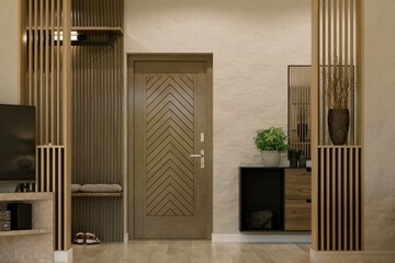 Wooden hallway design with enter door and modern furniture. 3D illustration - obrazy, fototapety, plakaty