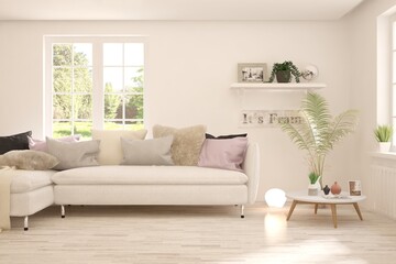 White living room with sofa and summer landscape in window. Scandinavian interior design. 3D illustration