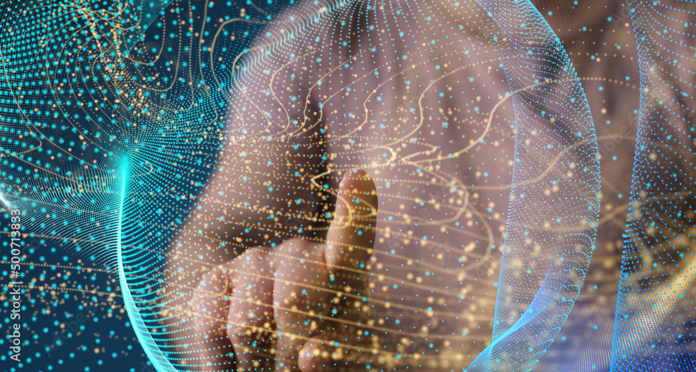 Poster businessman using data network with his fingers