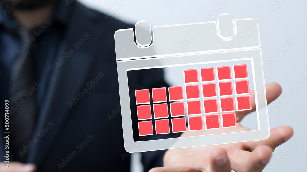 Poster Minimal calendar icon with hand isolate on soft pink background. Paper calendar icons. Calendar date  3d