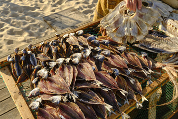 selling sun-dried fish on wooden racks on the beach in Nazaré, Portugal