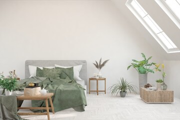 Soft color bedroom interior. Scandinavian design. 3D illustration
