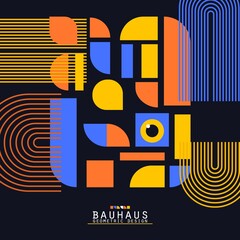 Bauhaus style flye. Journal magazine album cover with abstract geometric 2d shapes and eye. Banner template with set of simple colorful forms. Vector card illustration on black background.