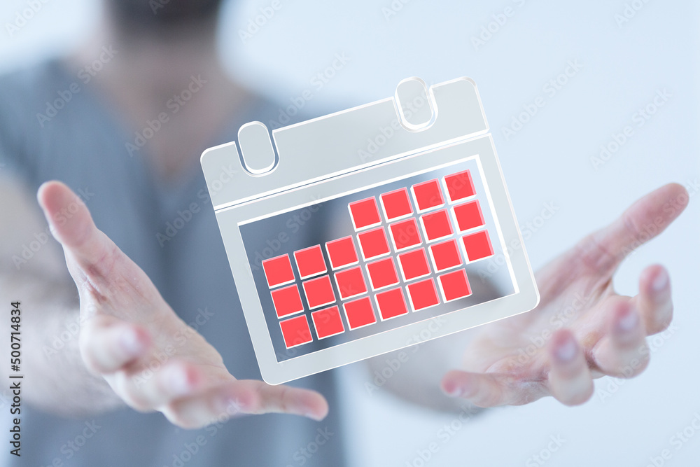 Poster Minimal calendar icon with hand isolate on soft pink background. Paper calendar icons. Calendar date  3d