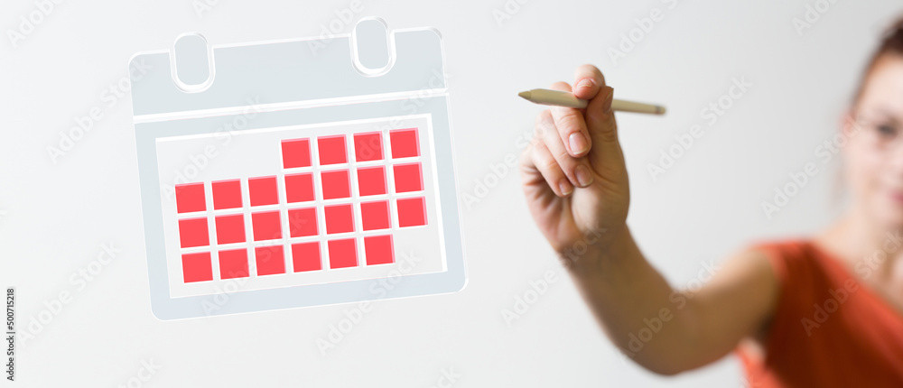 Poster minimal calendar icon with hand isolate on soft pink background. paper calendar icons. calendar date