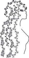 Girl with flower hair line art, flower girl, floral woman, woman with flowers in her hair