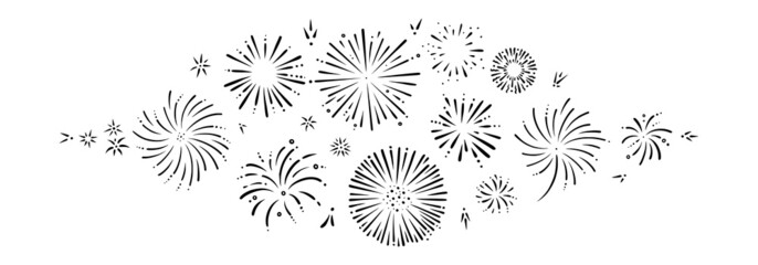 Doodle firework set. Shiny foreworks for parties and celebrations. Vector illustration isolated in white background